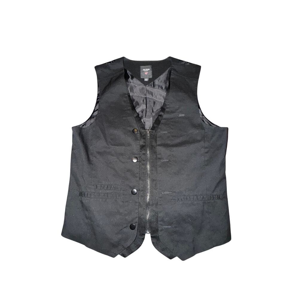 Guess Vest Mens Size M Black Full Zip Faux Button Pockets Lined Tuxedo Waistcoat